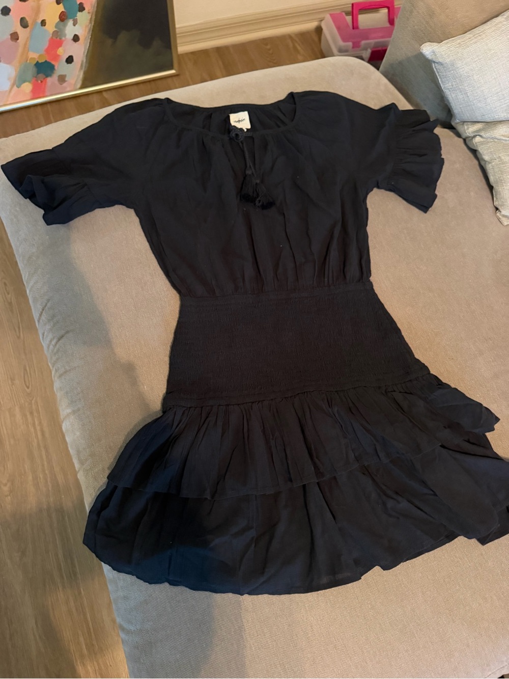 aerie Black Short-Sleeve Smocked Waist Tiered Mini Dress